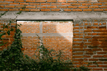 Rustic brick window wall with greenery