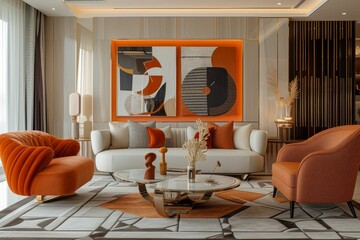 Art Deco-inspired living room featuring bold geometric patterns, luxe materials