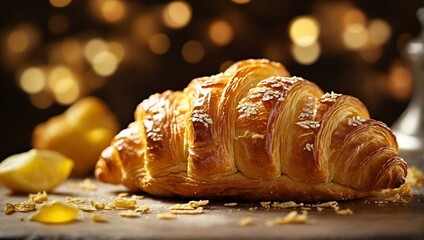 Freshly baked croissant with a golden-brown flaky crust, highlighted by a soft bokeh background