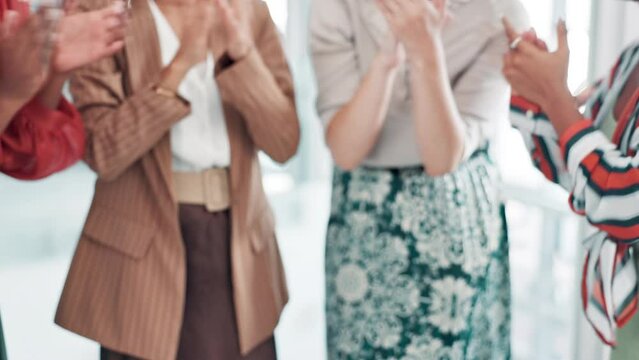 Creative people, hands together and applause with team for collaboration, motivation or celebration at office. Closeup of employees or group piling for support or care in unity, solidarity or startup