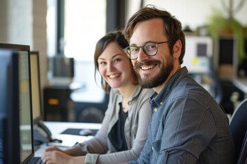 Portrait of two people at work. Both are sitting in front of a computer and smiling contentedly at the camera. - obrazy, fototapety, plakaty