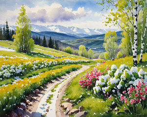 Russian landscape in watercolor, white birches, valley with hills and flowers. Generated AI
