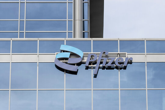 South San Francisco, CA, USA - Feb 23, 2024: Pfizer sign is seen at its office in South San Francisco, California. Pfizer Inc. is an American multinational pharmaceutical and biotechnology company.