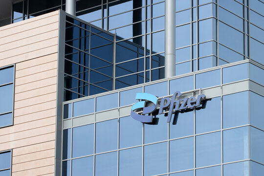 South San Francisco, CA, USA - Feb 23, 2024: Exterior view of Pfizer's office in South San Francisco, California. Pfizer Inc. is an American multinational pharmaceutical and biotechnology company.