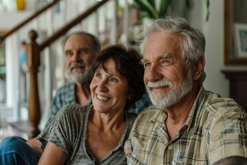 A man and a woman are sitting on a couch, smiling at the camera