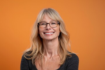 A woman with long blonde hair and glasses is smiling at the camera