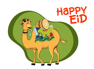 Illustration of Eid celebration with vector camel carrying ketupat (Indonesian food)