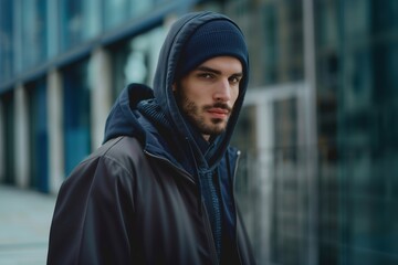 A man wearing a black jacket and a blue hat is standing in front of a building