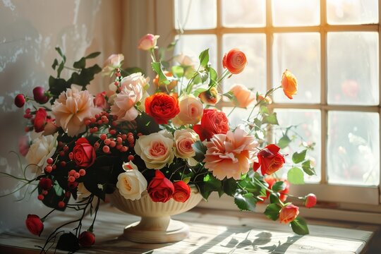 A vase of flowers sits on a table by a window