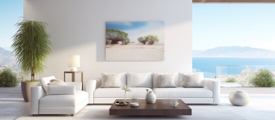 Modern living room with white sofa and stucco wall panorama