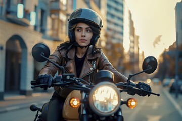 A woman is riding a motorcycle with a helmet on