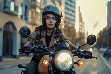 Foto op Plexiglas A woman is riding a motorcycle with a helmet on © Juan Hernandez