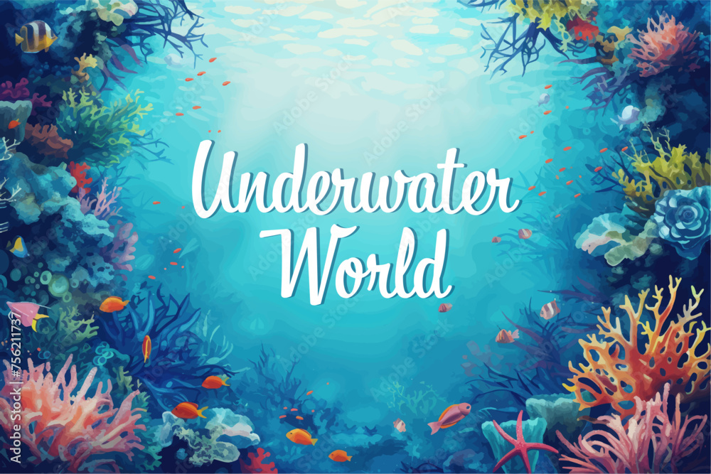 Wall mural Underwater scene with coral reef, fish and seaweed. Vector watercolor illustration.