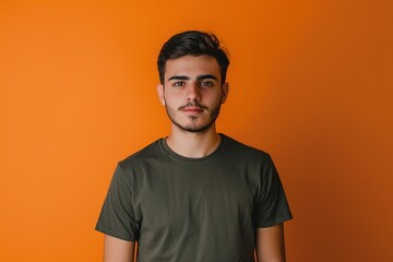 A man with a beard and a green shirt is standing in front of an orange wall