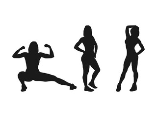 Girl is standing, legs are wide apart, her hands are moving down, up, aside. girl standing. various women sports exercising silhouettes. female silhouettes are isolated on a white background.