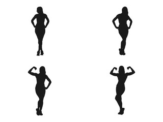Fototapeta na wymiar Girl is standing, legs are wide apart, her hands are moving down, up, aside. women sports. Athletic girl standing in yoga position. silhouettes icon can be used for web and mobile. white background.