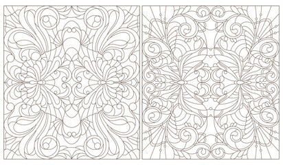 Set of contour illustrations of stained glass Windows with butterflies and flowers, dark contours on a white background