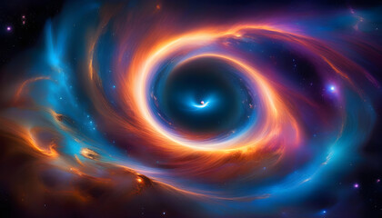 Obraz premium A digital painting of a black hole merging with a nebula in deep space, with vibrant blue and purple hues swirling around