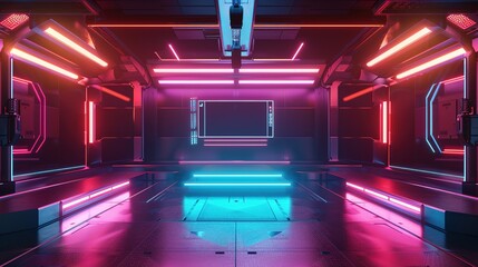 abstract backgound video game of esports scifi gaming cyberpunk, vr virtual reality simulation and metaverse, scene stand pedestal stage, 3d illustration rendering, futuristic neon glow room - obrazy, fototapety, plakaty