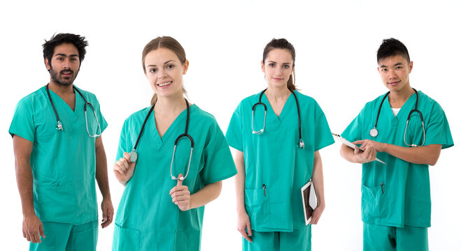 Portrait of 4 multi-ethnic doctor and nurses.
