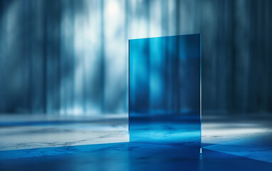 Displaying logo or text, isolated blue transparent glass panel background with blurry background with backlight