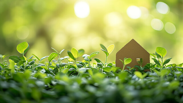 Cardboard house among the green leaves of plants in the sunlight