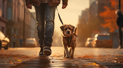A man is walking a carnivore dog down a city street with a leash - obrazy, fototapety, plakaty