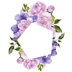 Frame with watercolor hand draw purple flowers. Wisteria, orchid and lilac, isolated on transparent background, PNG files