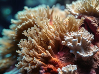 Coral on the coral reef in the deep sea, underwater life.