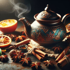 Tea set with cinnamon, star anise and orange on dark background. Morrocane tea