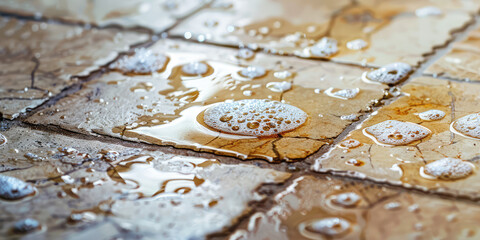 Wet Ceramic tiles with Water Droplets and detergent liquid cleaner with foam. Effective cleaning of the tile surface.