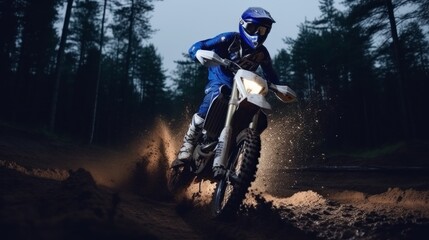 Motorcycle racer. Off-Road Race bike in action at night in forest