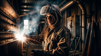 Portrait of a male welder wearing protective clothing and welding mask