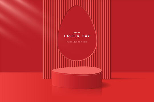 Red 3D egg cylinder podium pedestal realistic or stage for showcase with egg hole shape backdrop. Minimal scene for mockup product, presentation. 3D vector geometric platform. Happy easter day.