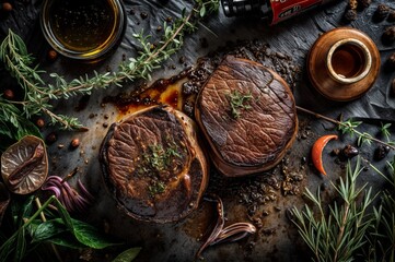 Grilled beef steaks with herbs and spices on a black background