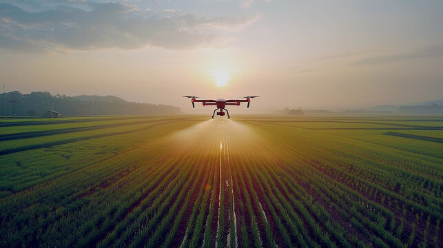 Portrait of agricultural drone flying over rice field while watering. Irrigation tool equipment in agricultural field. Modern technology solutions for farmer to increase productivity. Generative AI