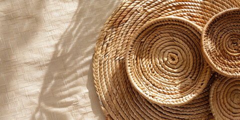 Woven Rattan Placemat on Rustic Table with copy space. Close-up of a handcrafted rattan placemat for hot food and beverage.