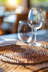 Naklejka na ściany i meble Woven Rattan Placemat on Rustic Table with copy space. Close-up of a handcrafted rattan placemat for hot food and beverage.