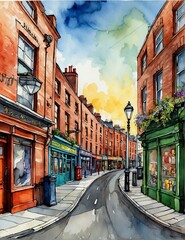 Naklejka premium Streets of Dublin Ireland, hand drawn watercolor painting art illustration background from Generative AI