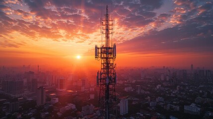 A telecommunication tower at sunset, casting a long shadow over a digital cityscape