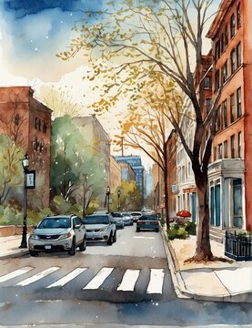 Streets of Washington DC, hand drawn watercolor painting art illustration background from Generative AI