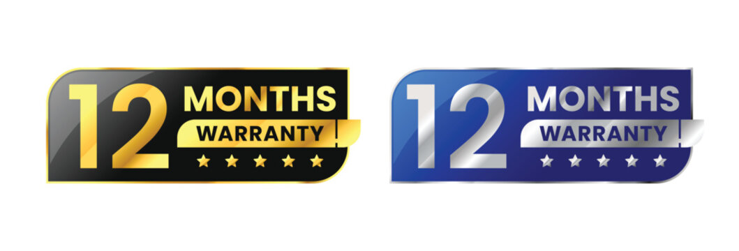 12 Months warranty label, badge, icon, logo. Parallelogram rhombus shape with gold and silver color. Vector Illustration