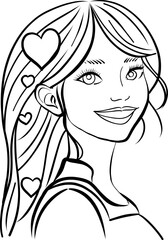 Coloring Black line art of a female smiley with hearts decoration on her hair