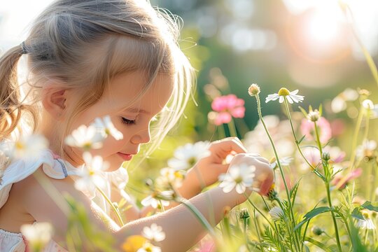 A young girl is playing in a field of flowers