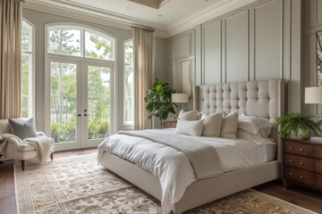 An elegant bedroom retreat, featuring sumptuous bedding