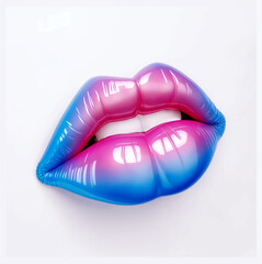 Close-up of lips painted in gloss shades of blue and pink on a white background. Generative AI.