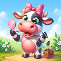 Cartoon: A standing cow applying makeup