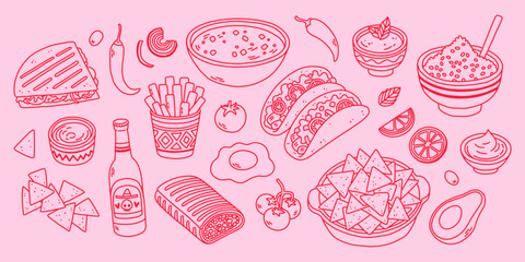 Trendy Mexican food line art in pink colors. Line art vector hand drawn doodle cartoon set of Mexican Food theme