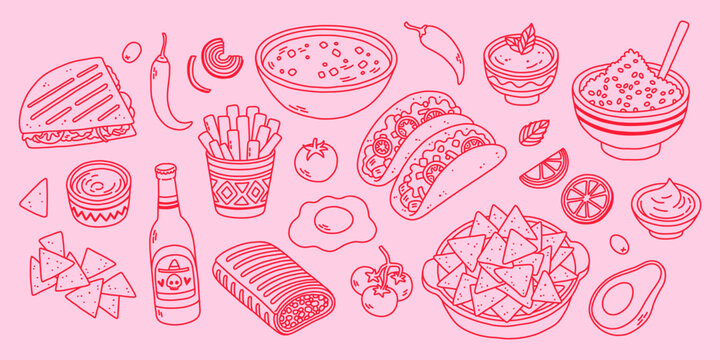 Naklejki Trendy Mexican food line art in pink colors. Line art vector hand drawn doodle cartoon set of Mexican Food theme