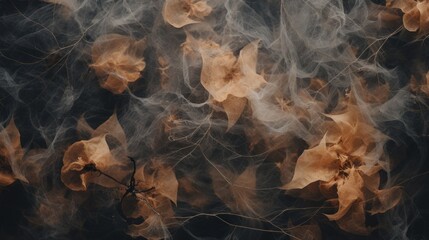 Abstract background with dried flowers, dry light brown, beige leaves with white cobwebs on black...
